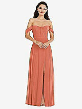 Front View Thumbnail - Terracotta Copper Off-the-Shoulder Draped Sleeve Maxi Dress with Front Slit