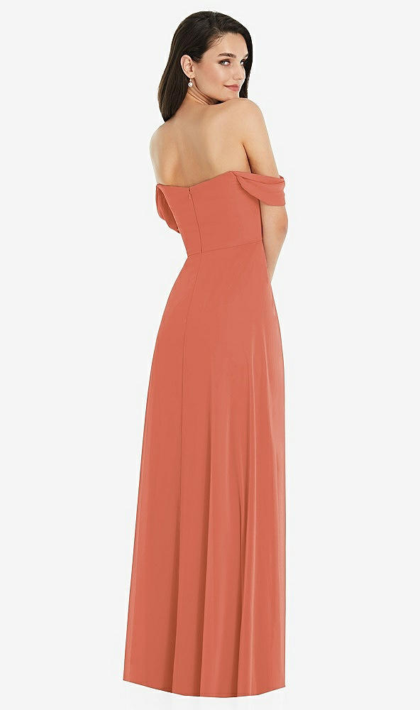 Back View - Terracotta Copper Off-the-Shoulder Draped Sleeve Maxi Dress with Front Slit