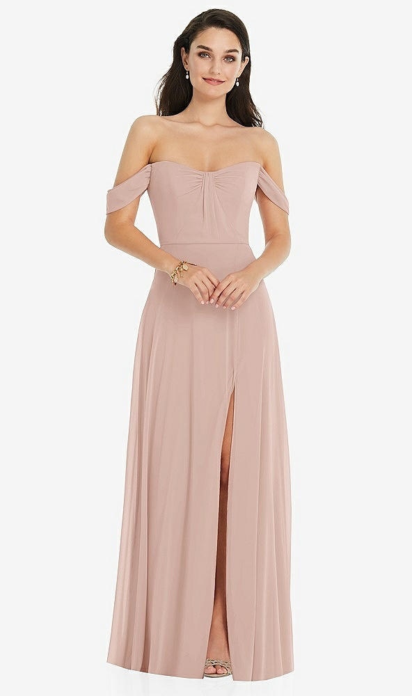 Front View - Toasted Sugar Off-the-Shoulder Draped Sleeve Maxi Dress with Front Slit