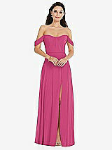 Front View Thumbnail - Tea Rose Off-the-Shoulder Draped Sleeve Maxi Dress with Front Slit