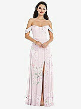 Front View Thumbnail - Watercolor Print Off-the-Shoulder Draped Sleeve Maxi Dress with Front Slit