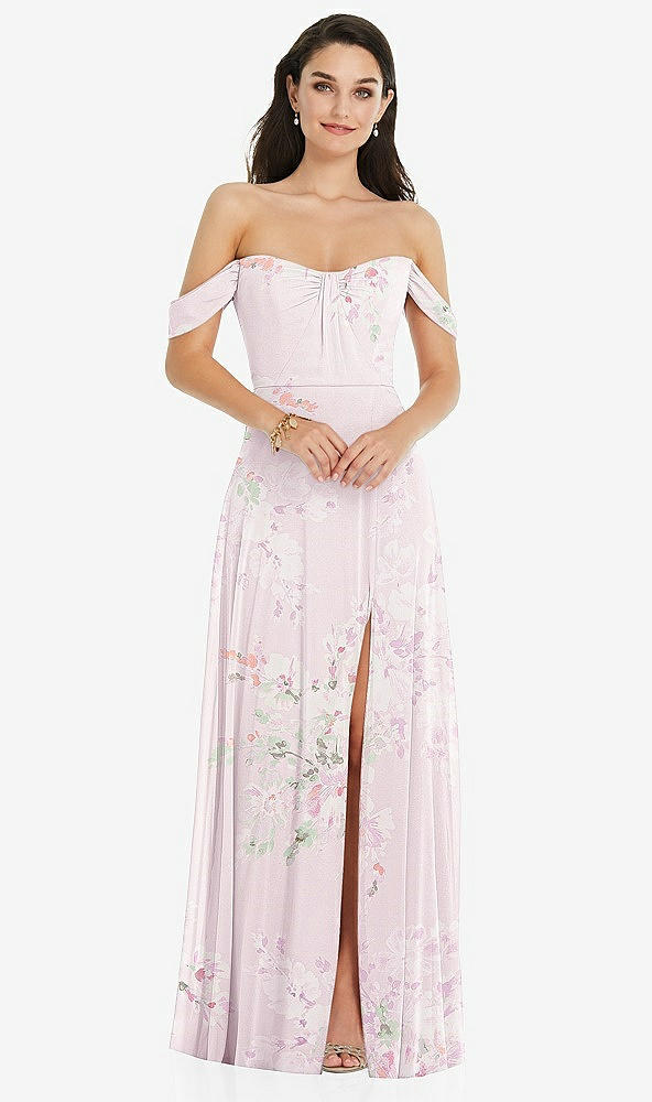 Front View - Watercolor Print Off-the-Shoulder Draped Sleeve Maxi Dress with Front Slit
