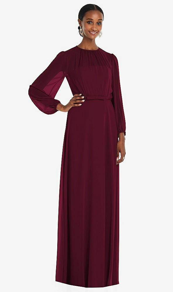 Front View - Cabernet Strapless Chiffon Maxi Dress with Puff Sleeve Blouson Overlay 