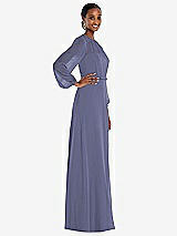 Side View Thumbnail - French Blue Strapless Chiffon Maxi Dress with Puff Sleeve Blouson Overlay 