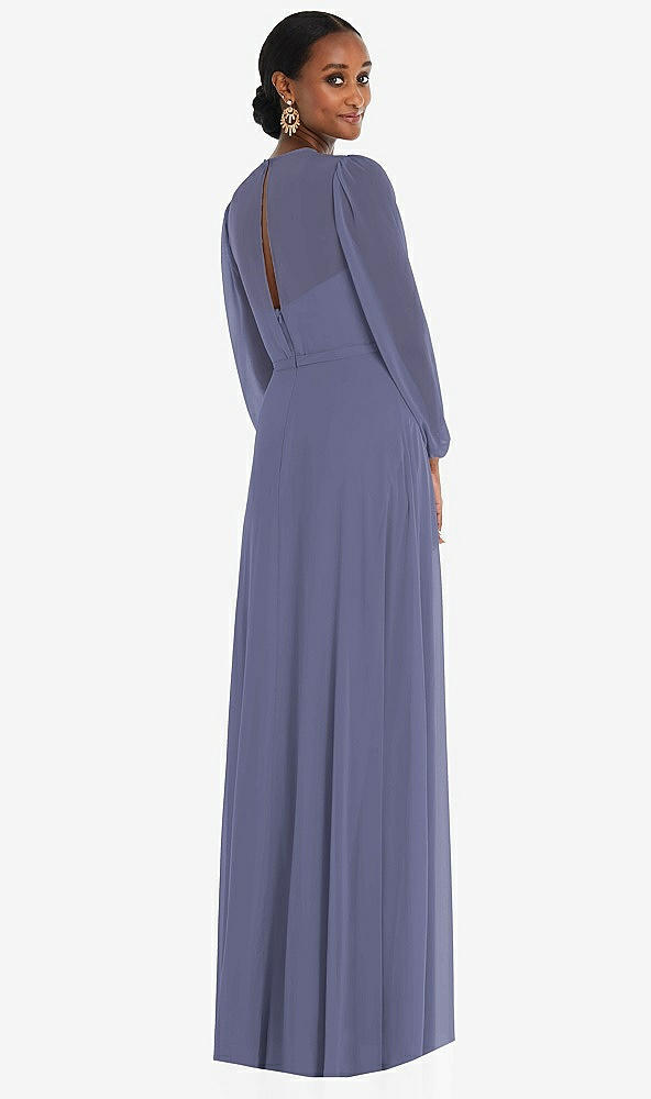Back View - French Blue Strapless Chiffon Maxi Dress with Puff Sleeve Blouson Overlay 