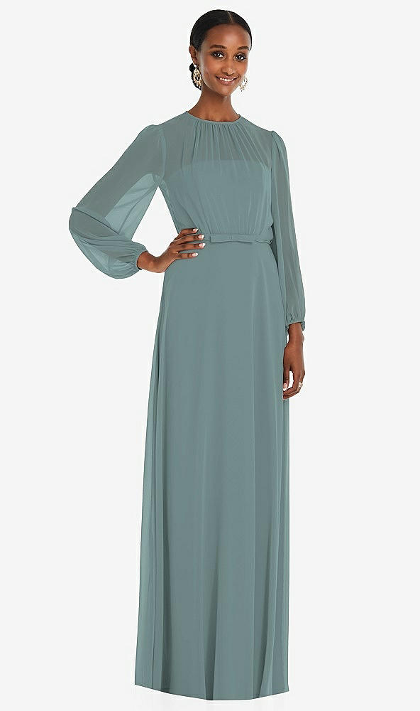 Front View - Icelandic Strapless Chiffon Maxi Dress with Puff Sleeve Blouson Overlay 