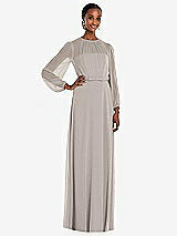 Front View Thumbnail - Taupe Strapless Chiffon Maxi Dress with Puff Sleeve Blouson Overlay 