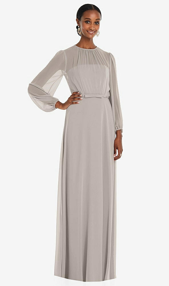 Front View - Taupe Strapless Chiffon Maxi Dress with Puff Sleeve Blouson Overlay 