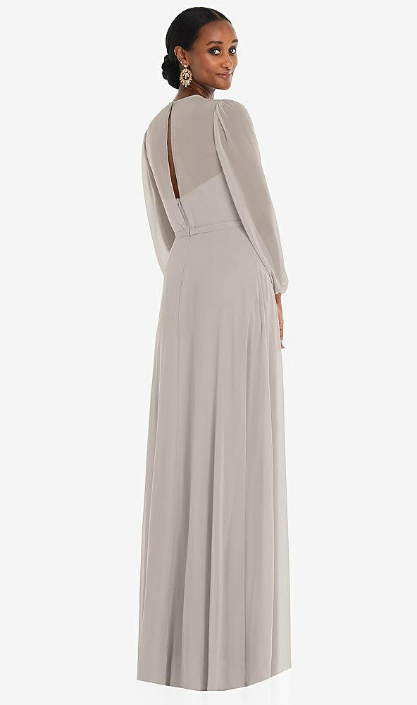 Back View - Taupe Strapless Chiffon Maxi Dress with Puff Sleeve Blouson Overlay 
