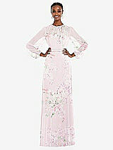 Alt View 1 Thumbnail - Watercolor Print Strapless Chiffon Maxi Dress with Puff Sleeve Blouson Overlay 
