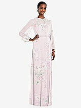 Front View Thumbnail - Watercolor Print Strapless Chiffon Maxi Dress with Puff Sleeve Blouson Overlay 