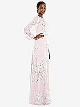 Side View Thumbnail - Watercolor Print Strapless Chiffon Maxi Dress with Puff Sleeve Blouson Overlay 