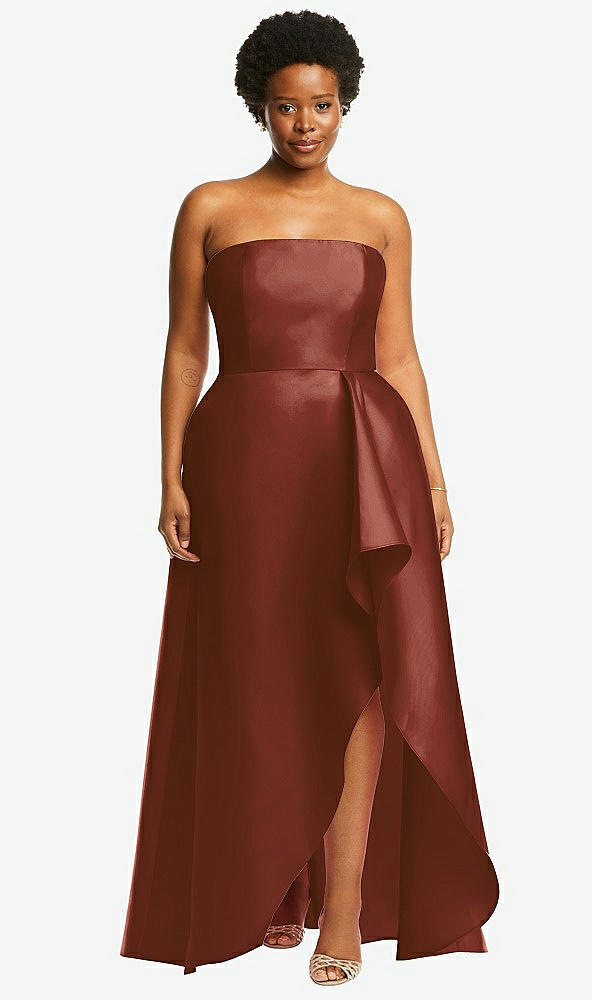 Front View - Auburn Moon Strapless Satin Gown with Draped Front Slit and Pockets