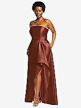 Side View Thumbnail - Auburn Moon Strapless Satin Gown with Draped Front Slit and Pockets