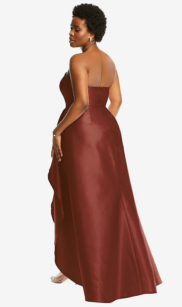 Back View - Auburn Moon Strapless Satin Gown with Draped Front Slit and Pockets