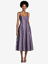 Front View Thumbnail - Lavender Square Neck Full Skirt Satin Midi Dress with Pockets
