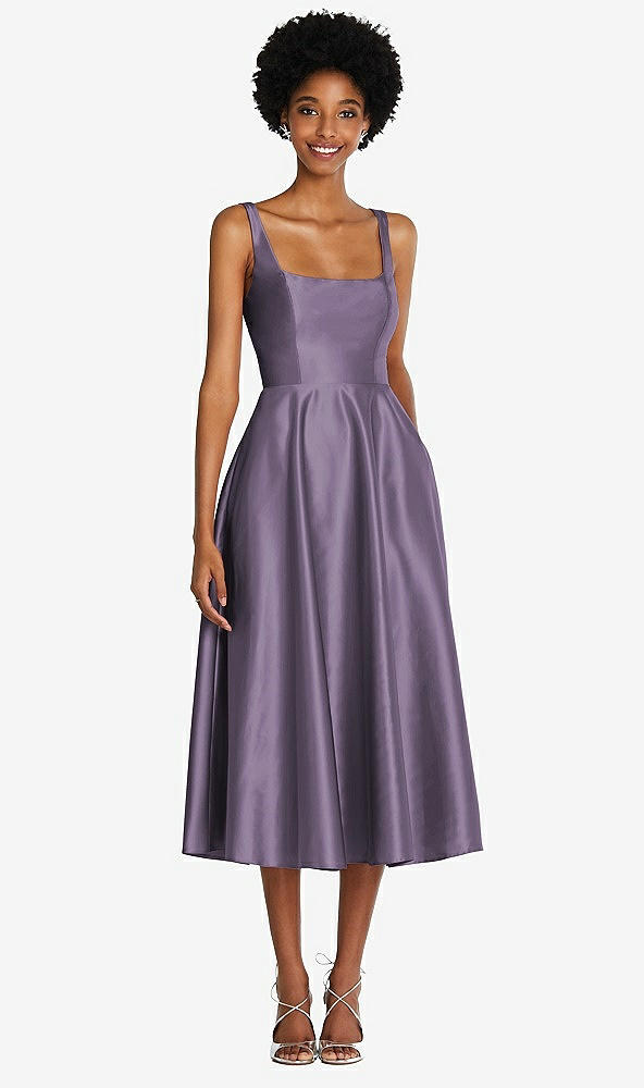 Front View - Lavender Square Neck Full Skirt Satin Midi Dress with Pockets