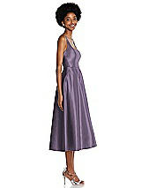 Side View Thumbnail - Lavender Square Neck Full Skirt Satin Midi Dress with Pockets