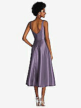 Rear View Thumbnail - Lavender Square Neck Full Skirt Satin Midi Dress with Pockets