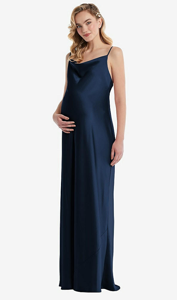 Front View - Midnight Navy Cowl-Neck Tie-Strap Maternity Slip Dress