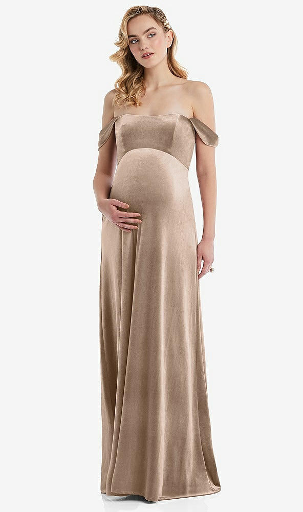 Front View - Topaz Off-the-Shoulder Flounce Sleeve Velvet Maternity Dress