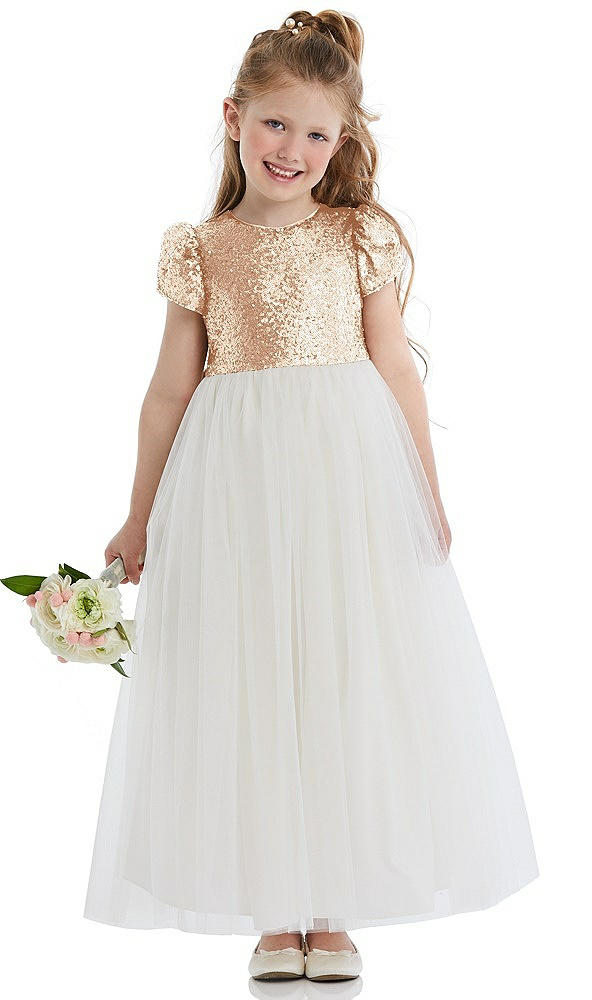 Front View - Rose Gold Puff Sleeve Sequin and Tulle Flower Girl Dress