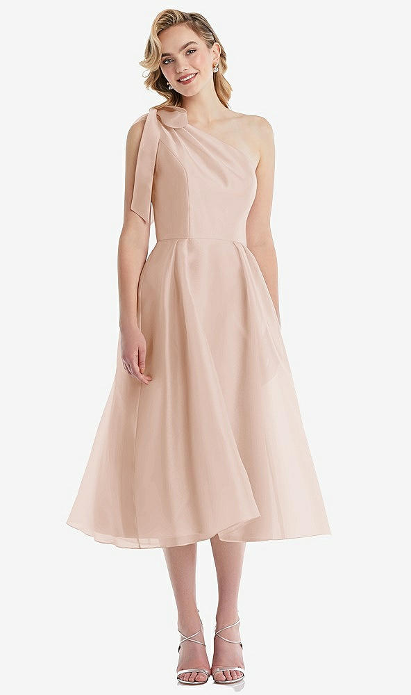 Front View - Cameo Scarf-Tie One-Shoulder Organdy Midi Dress 