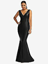 Front View Thumbnail - Black Shirred Shoulder Stretch Satin Mermaid Dress with Slight Train