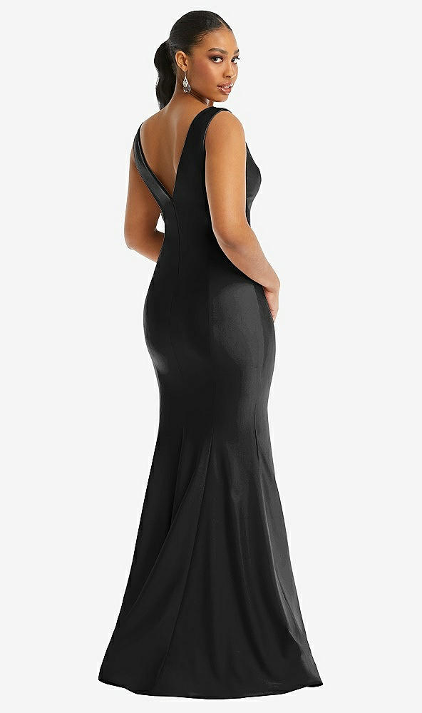 Back View - Black Shirred Shoulder Stretch Satin Mermaid Dress with Slight Train