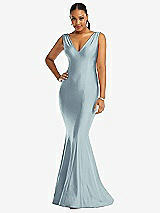 Front View Thumbnail - Mist Shirred Shoulder Stretch Satin Mermaid Dress with Slight Train
