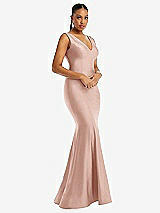 Alt View 1 Thumbnail - Toasted Sugar Shirred Shoulder Stretch Satin Mermaid Dress with Slight Train