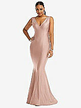 Front View Thumbnail - Toasted Sugar Shirred Shoulder Stretch Satin Mermaid Dress with Slight Train