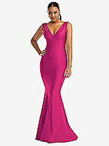 Front View Thumbnail - Think Pink Shirred Shoulder Stretch Satin Mermaid Dress with Slight Train