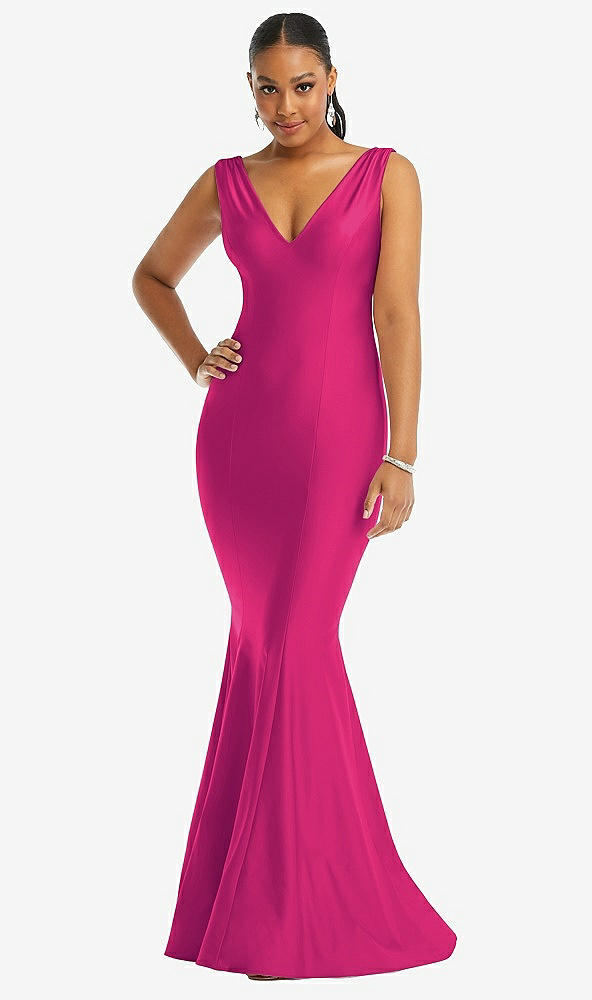 Front View - Think Pink Shirred Shoulder Stretch Satin Mermaid Dress with Slight Train