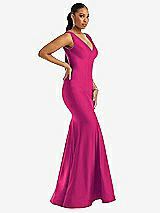Side View Thumbnail - Think Pink Shirred Shoulder Stretch Satin Mermaid Dress with Slight Train