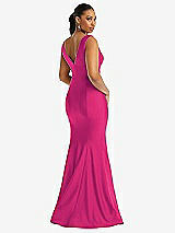 Rear View Thumbnail - Think Pink Shirred Shoulder Stretch Satin Mermaid Dress with Slight Train