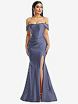 Alt View 1 Thumbnail - French Blue Off-the-Shoulder Corset Stretch Satin Mermaid Dress with Slight Train