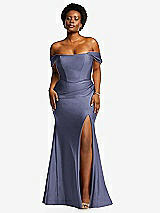 Front View Thumbnail - French Blue Off-the-Shoulder Corset Stretch Satin Mermaid Dress with Slight Train