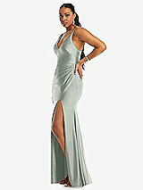 Side View Thumbnail - Willow Green Deep V-Neck Stretch Satin Mermaid Dress with Slight Train