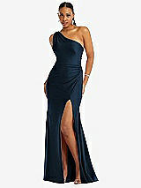 Front View Thumbnail - Midnight Navy One-Shoulder Asymmetrical Cowl Back Stretch Satin Mermaid Dress