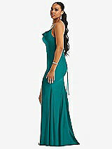 Side View Thumbnail - Peacock Teal Cowl-Neck Open Tie-Back Stretch Satin Mermaid Dress with Slight Train