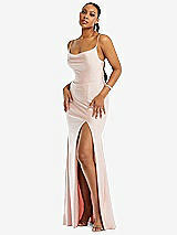 Alt View 1 Thumbnail - Ivory Cowl-Neck Open Tie-Back Stretch Satin Mermaid Dress with Slight Train