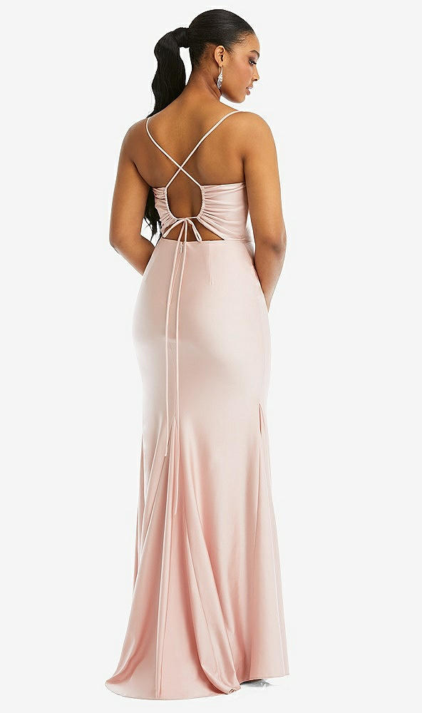 Back View - Ivory Cowl-Neck Open Tie-Back Stretch Satin Mermaid Dress with Slight Train
