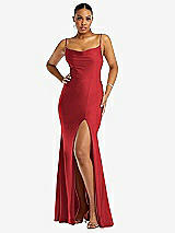 Front View Thumbnail - Poppy Red Cowl-Neck Open Tie-Back Stretch Satin Mermaid Dress with Slight Train