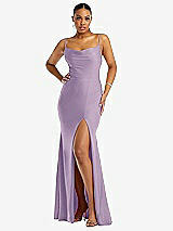 Front View Thumbnail - Pale Purple Cowl-Neck Open Tie-Back Stretch Satin Mermaid Dress with Slight Train