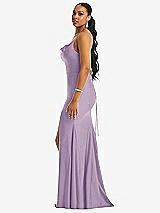 Side View Thumbnail - Pale Purple Cowl-Neck Open Tie-Back Stretch Satin Mermaid Dress with Slight Train