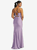 Rear View Thumbnail - Pale Purple Cowl-Neck Open Tie-Back Stretch Satin Mermaid Dress with Slight Train