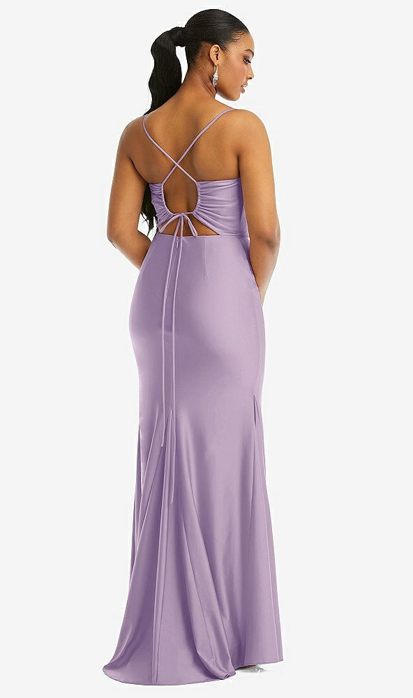 Back View - Pale Purple Cowl-Neck Open Tie-Back Stretch Satin Mermaid Dress with Slight Train