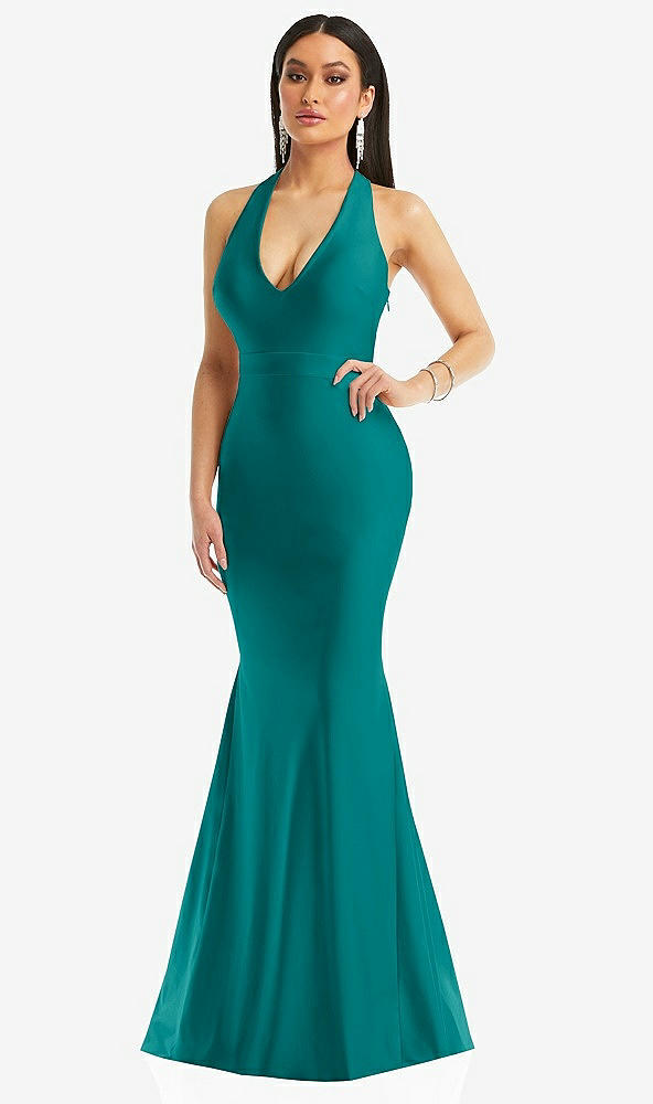 Front View - Peacock Teal Plunge Neckline Cutout Low Back Stretch Satin Mermaid Dress