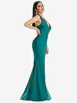 Side View Thumbnail - Peacock Teal Plunge Neckline Cutout Low Back Stretch Satin Mermaid Dress